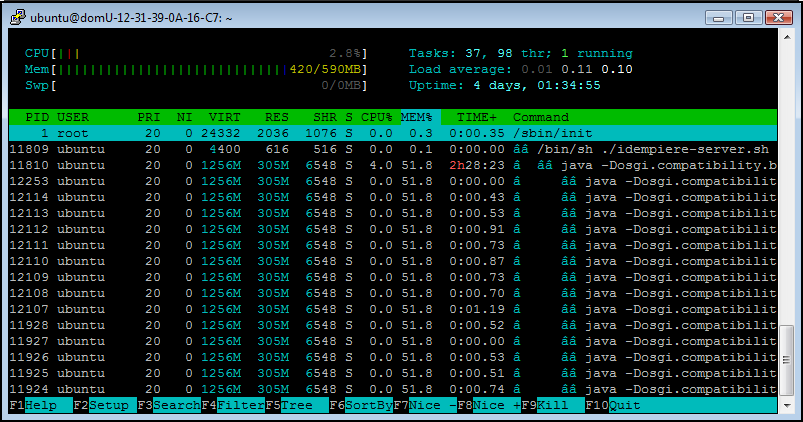 htop for idempiere - memory usage on aws micro instance